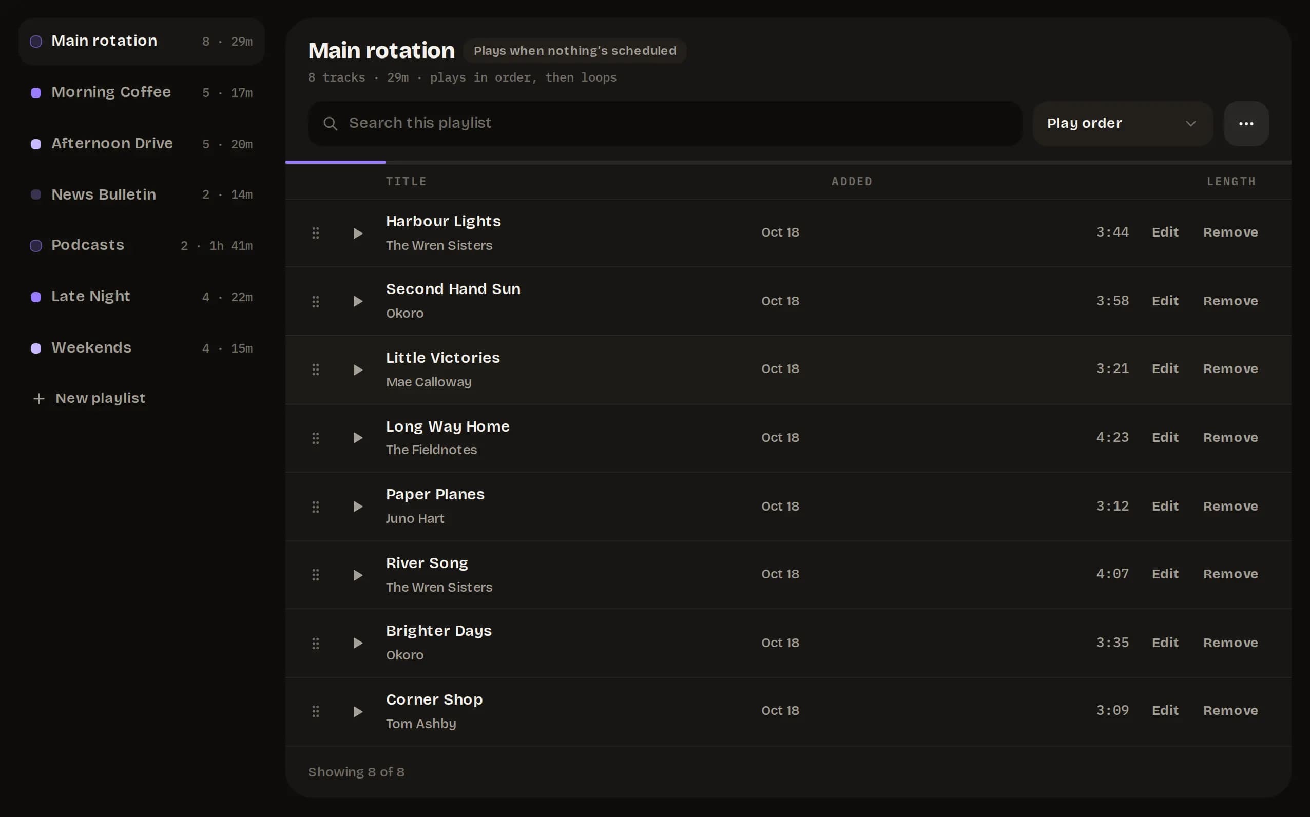 The Playlists page with a rail on the left listing Main rotation, Morning Coffee, Afternoon Drive, News Bulletin, Podcasts, Late Night and Weekends, and the tracks of the selected playlist on the right.