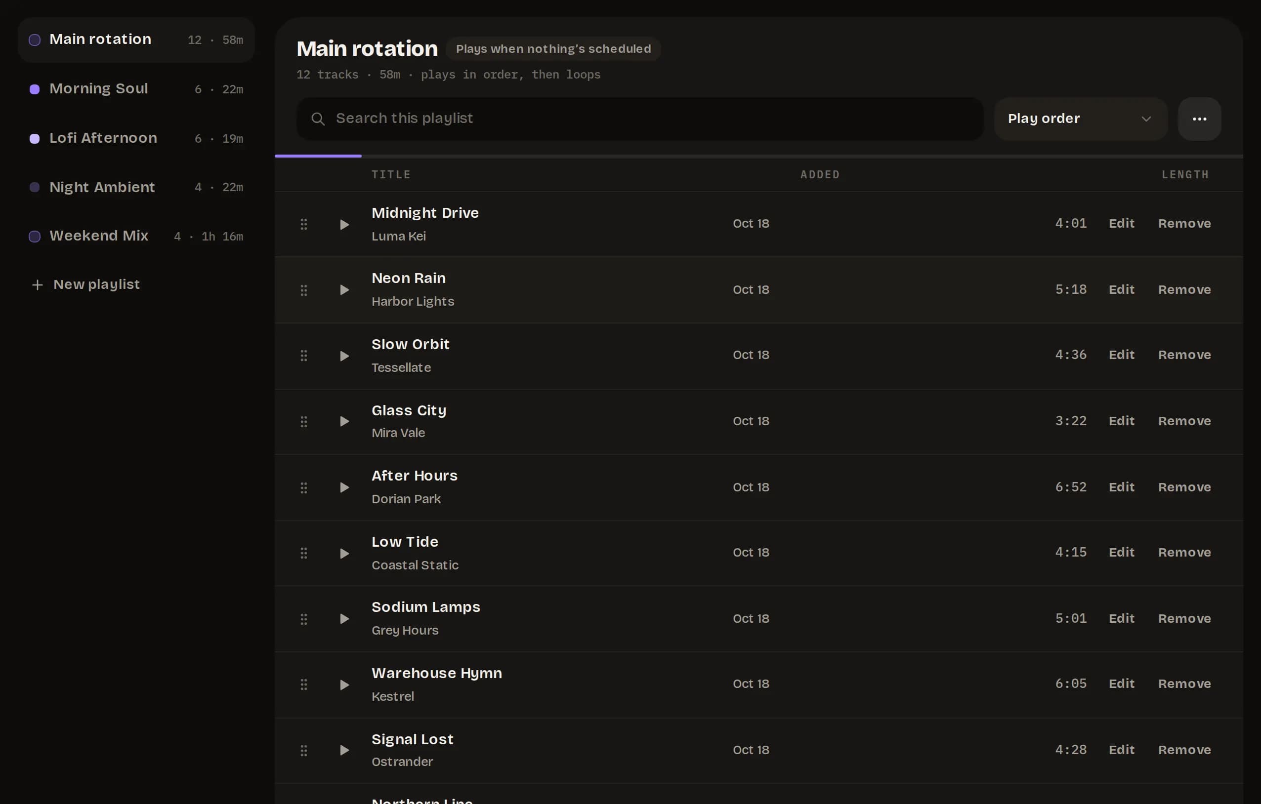 The Playlists page: Main rotation, Morning Soul, Lofi Afternoon, Night Ambient and Weekend Mix down the left, each with its track count and running time; on the right the open playlist, Main rotation, which plays when nothing is scheduled.