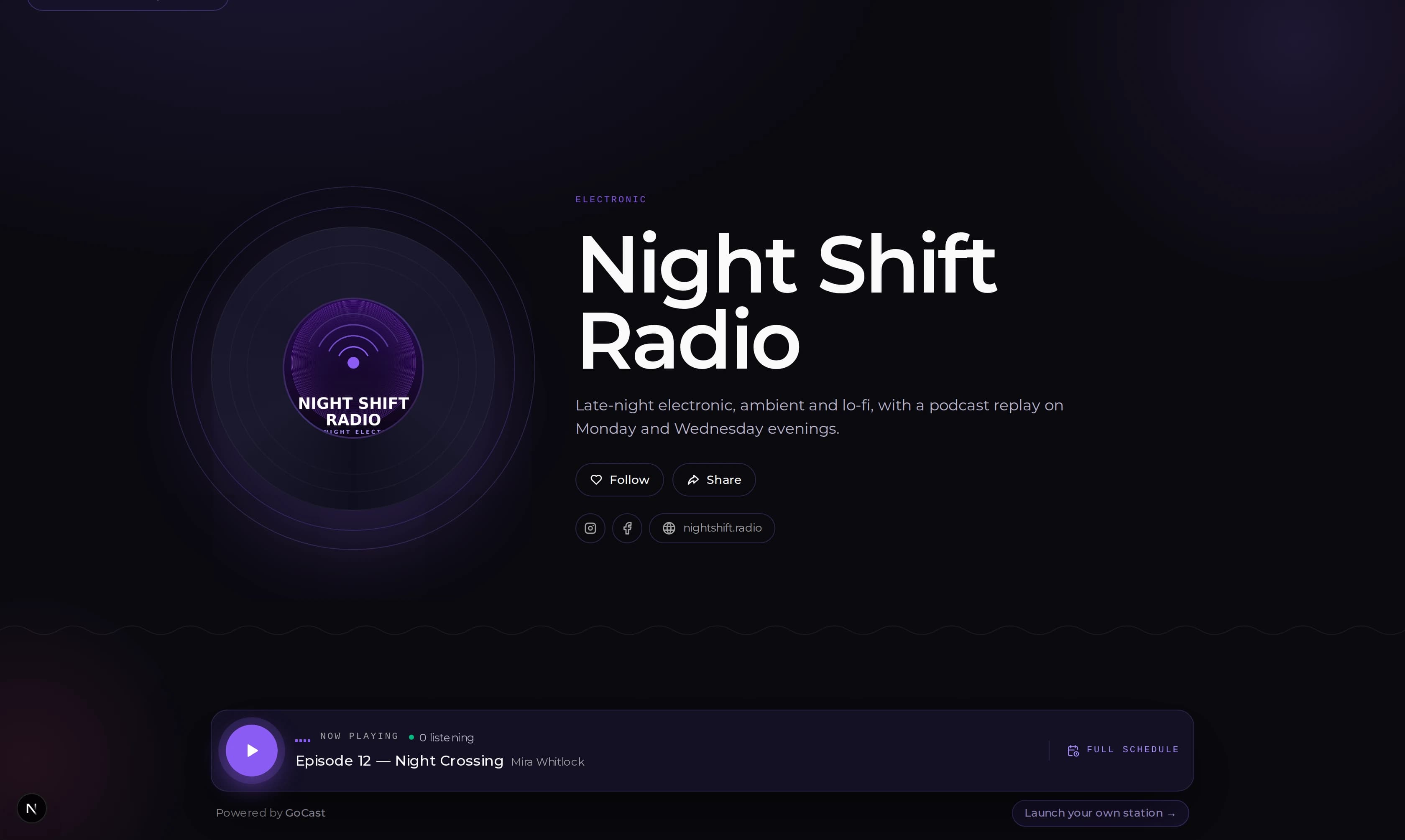 A station player page: large artwork, the station name and description, Follow and Share buttons, social links, and a player bar along the bottom showing what is on air.