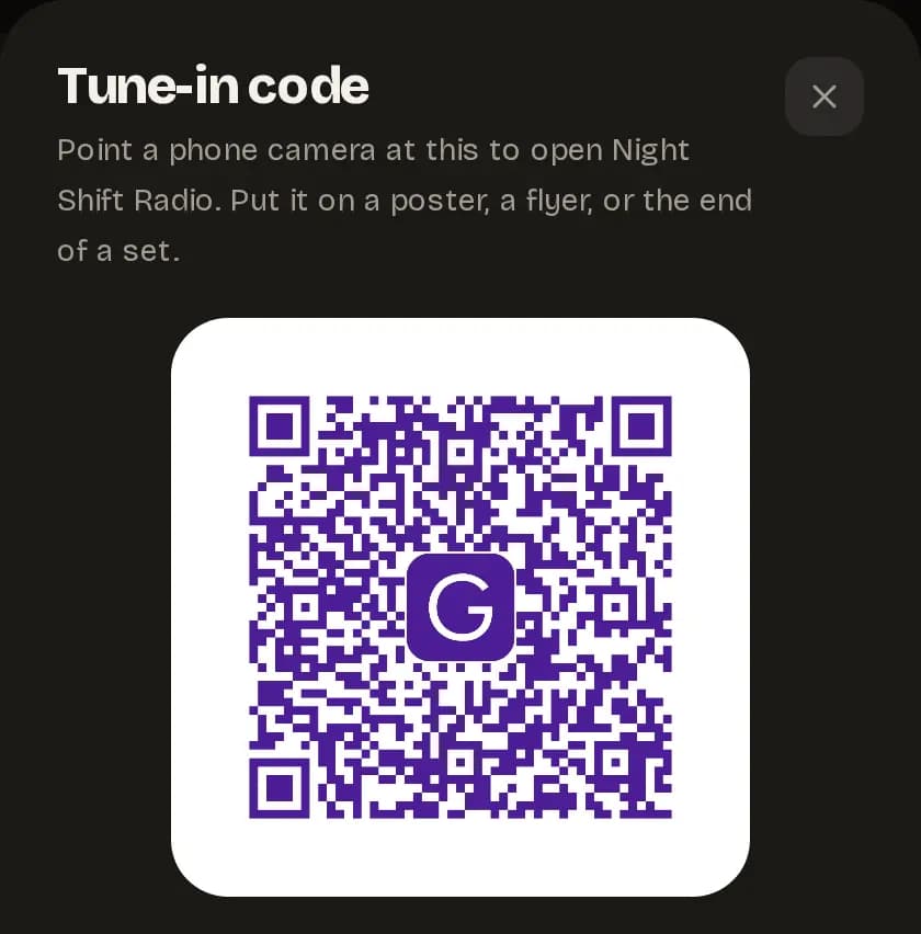 The Tune-in code dialog: a QR code for the station, under the suggestion to put it on a poster, a flyer, or the end of a set.