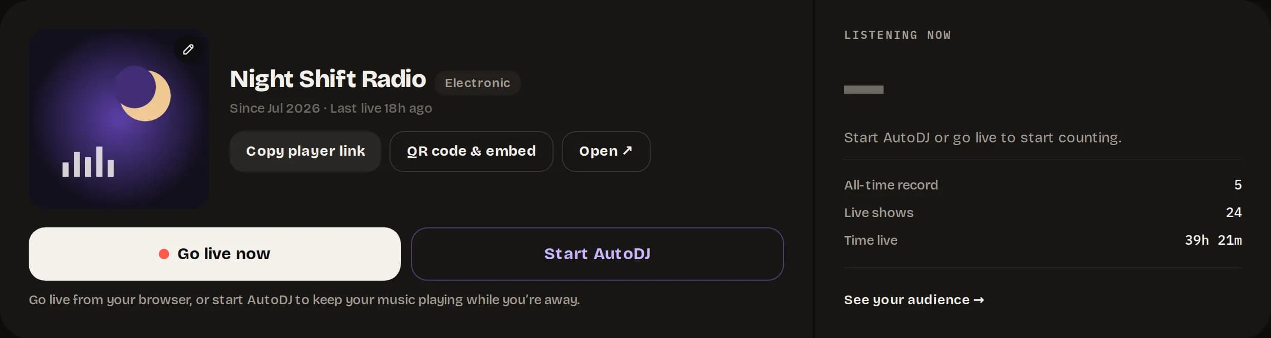 The top card of a station's Overview while it is off air: the station's artwork and name, Copy player link, QR code & embed and Open, then the Go live now and Start AutoDJ buttons, with Listening now and the station's totals beside it.